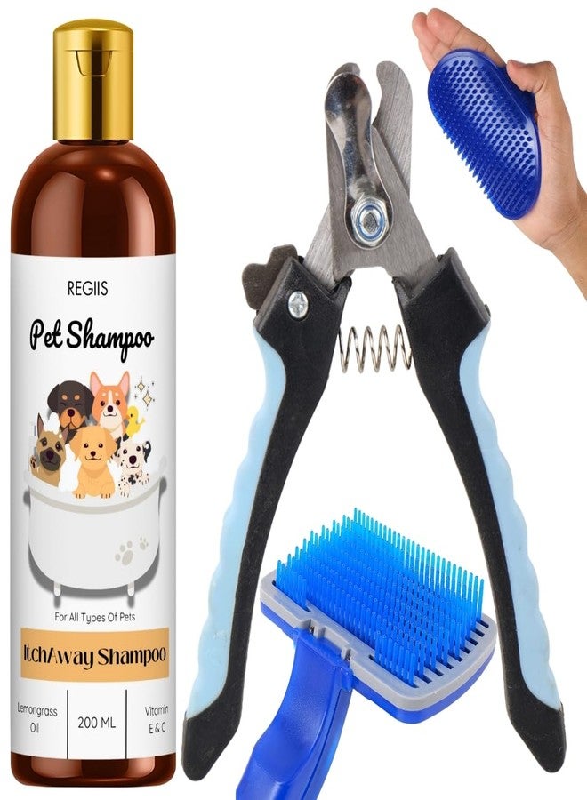 REGIIS Pet Grooming Set, Itch Away Shampoo 200ml, Nail Clipper, Silicone Brush, for Dogs - Image 1